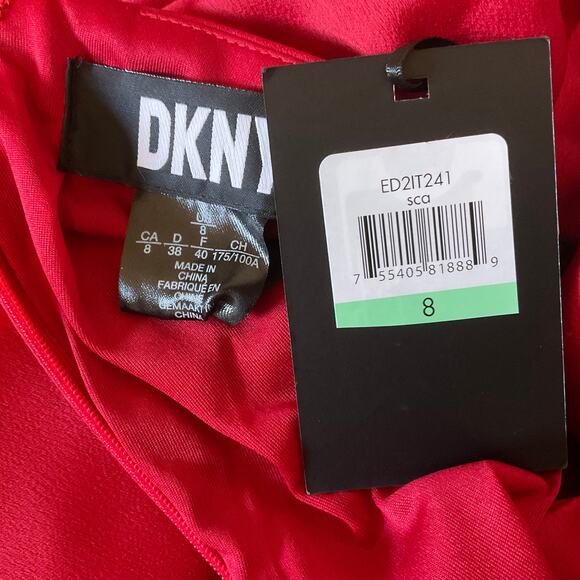 DKNY Red Satin Short Sleeve Evening Gown Size 8 Cut Out Long Formal Dress - Picture 9 of 13